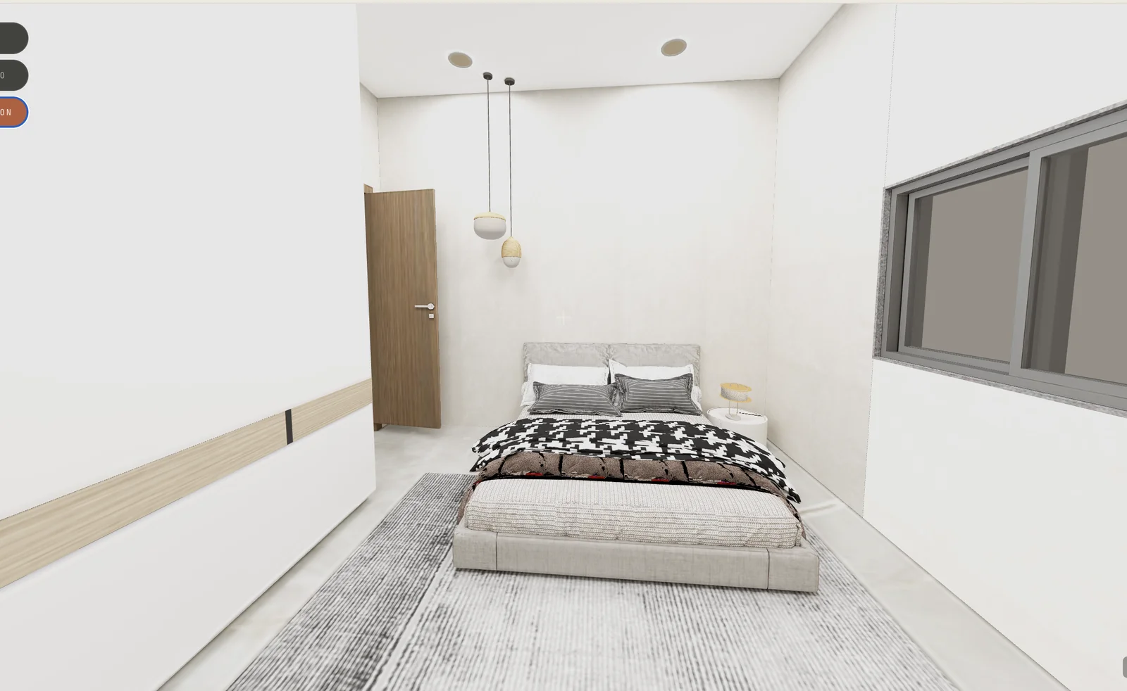 Bedroom render: upholstered bed with houndstooth throw, pendant lights, wooden door and a wide window.