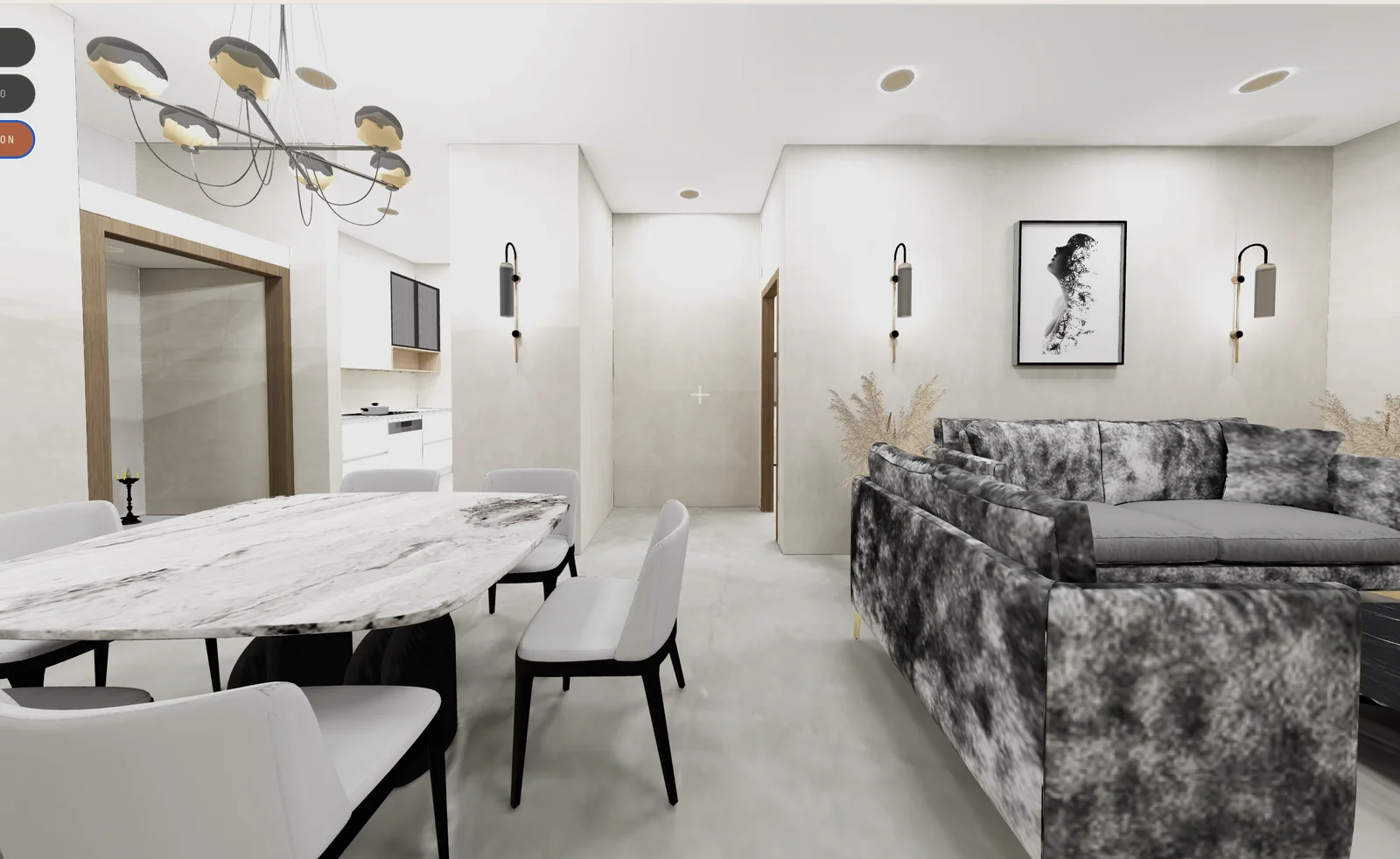 Dining render: marble-top table with white chairs under a brass chandelier, wall sconces and framed art beside the living area.