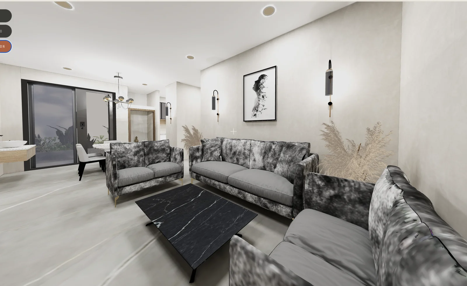 Living room render: wall-mounted TV over a long walnut console, grey velvet sofas, black marble coffee table, dining area beyond.