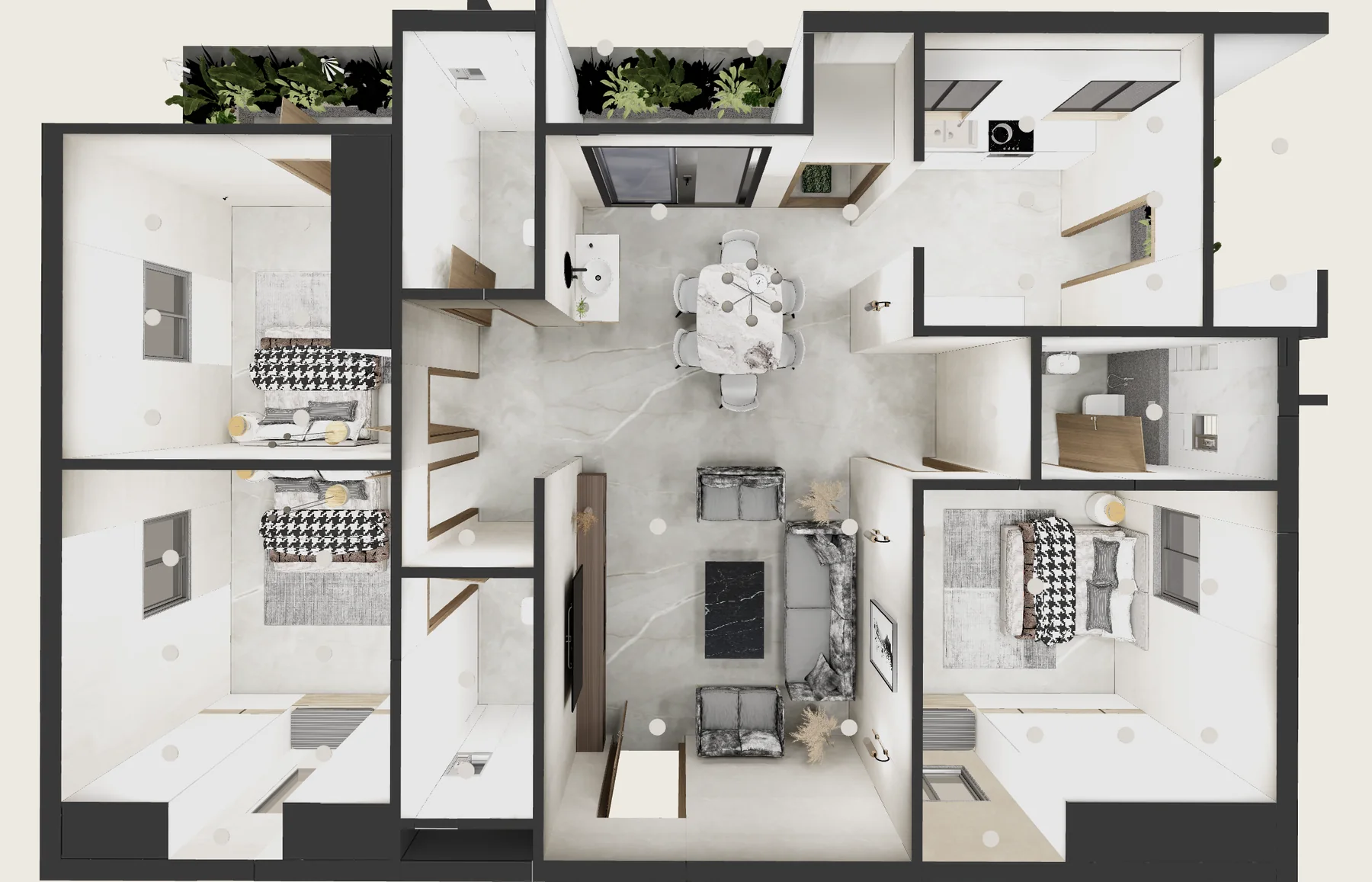 Top-down 3D floor plan of Katakam Nests Flat 2 with three bedrooms, an open living and dining room, kitchen and balconies.
